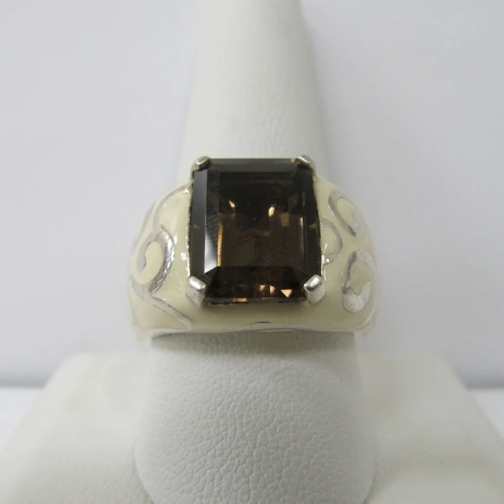 Michelle Albala sterling silver ring with a large emerald-cut smoky quartz